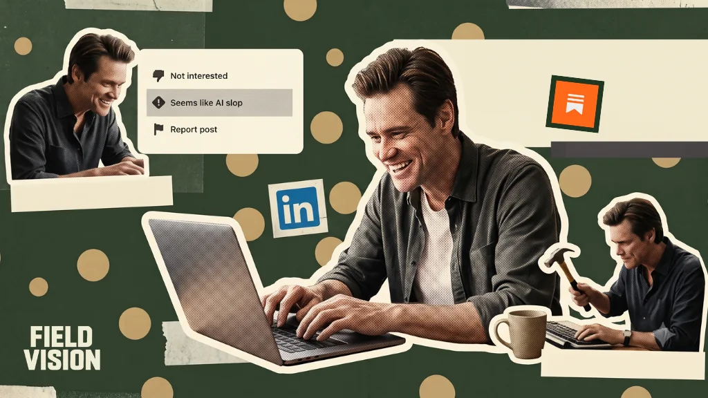A person laughing while typing on a laptop next to a LinkedIn menu reading 'Seems like AI slop,' illustrating how audiences flag AI content that lacks taste