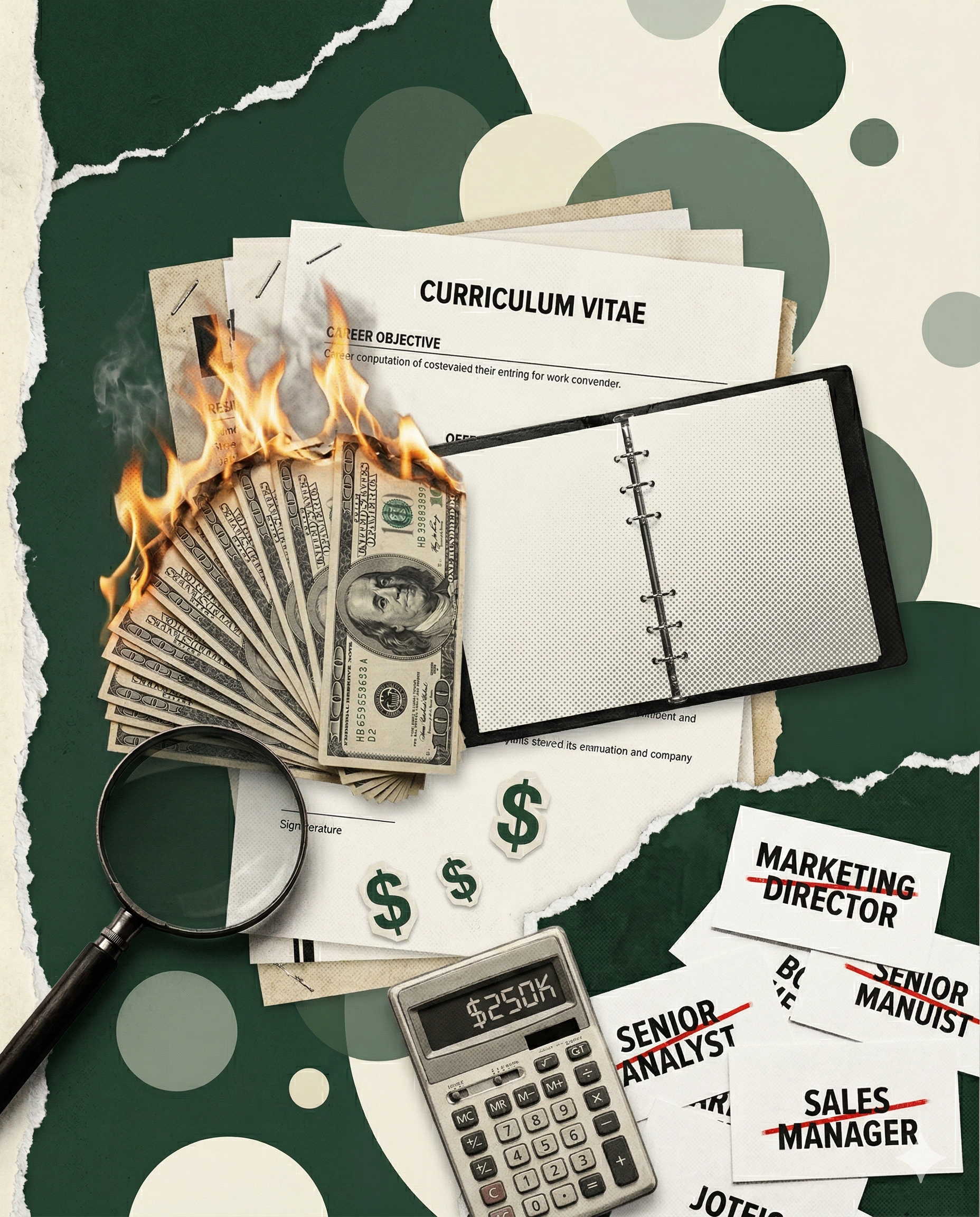 Burning cash fanned out next to a curriculum vitae and empty planner — the cost of hiring the wrong first marketer