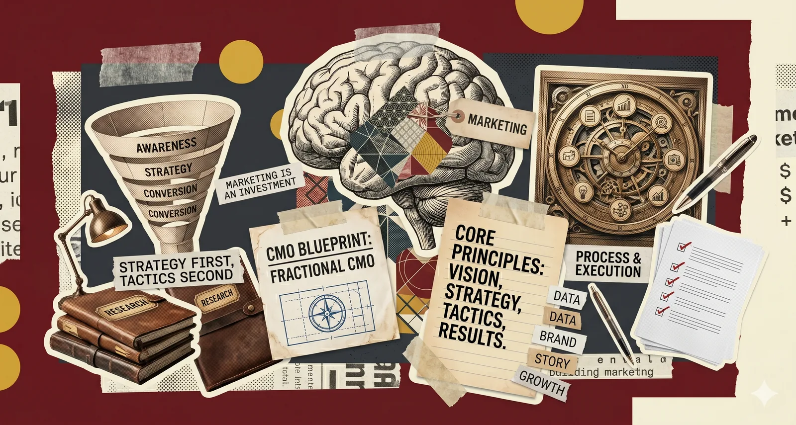 Mixed-media editorial collage: a large brain tagged 'Marketing' beside a clockwork gear diagram, a marketing funnel, a fractional CMO blueprint with a compass, and torn-paper notes reading 'Strategy first, tactics second' and 'Core principles: vision, strategy, tactics, results', the reverse-engineering approach a fractional CMO uses instead of a generic growth plan.
