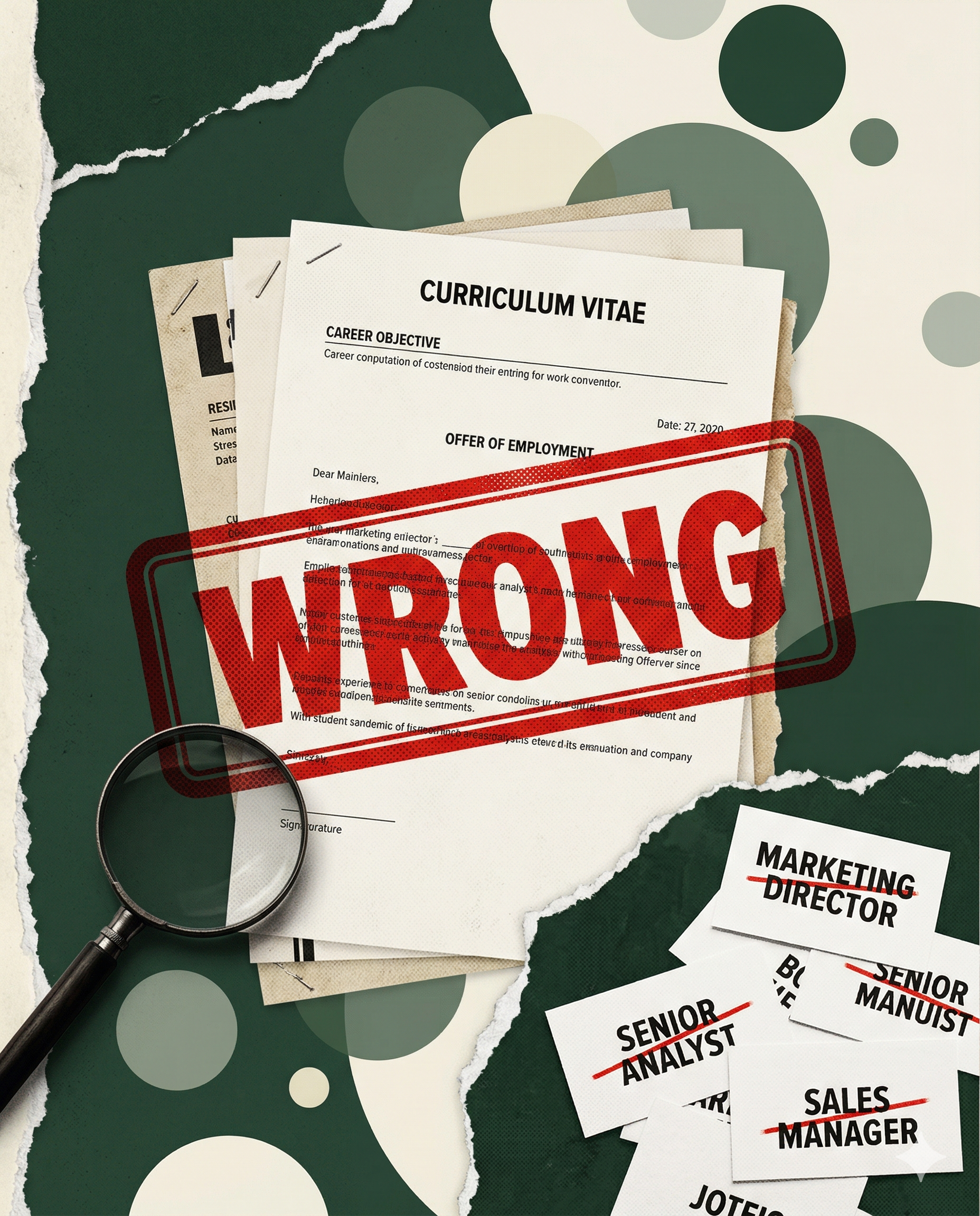 Curriculum vitae and offer of employment documents stamped WRONG, surrounded by crossed-out job titles like Marketing Director and Sales Manager
