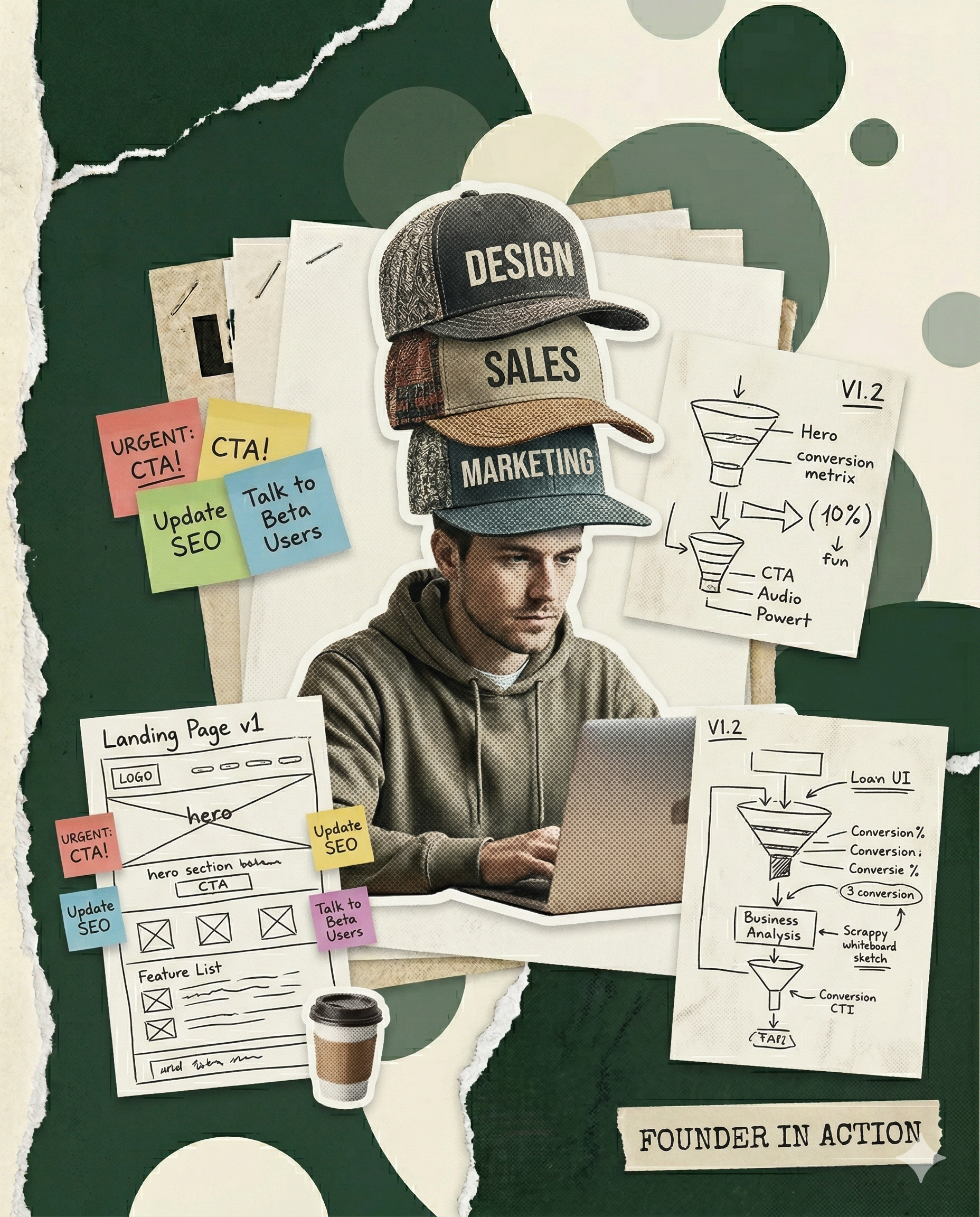 Founder wearing stacked Design, Sales, and Marketing hats while working on a laptop — surrounded by landing page wireframes, funnel sketches, and sticky notes