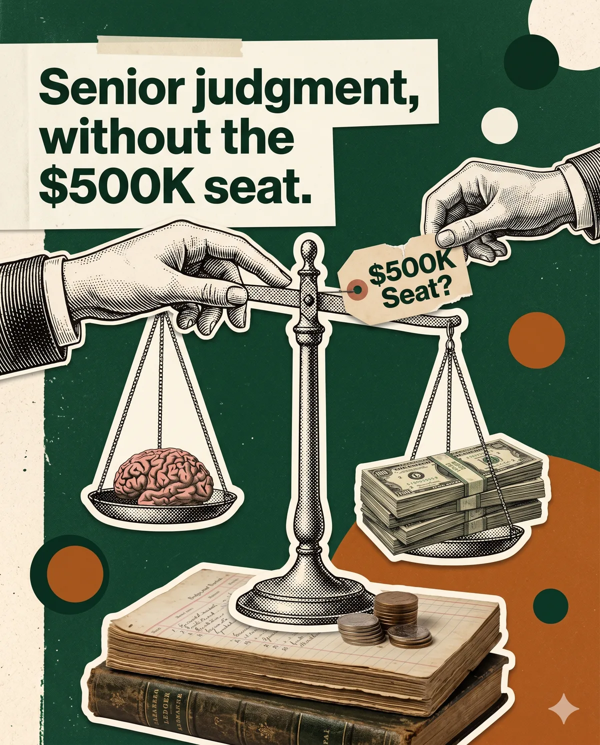 A balance scale weighing a brain against stacks of cash and a $500K seat price tag, captioned: Senior judgment, without the $500K seat. The fractional CMO alternative to a full-time chief marketing officer.