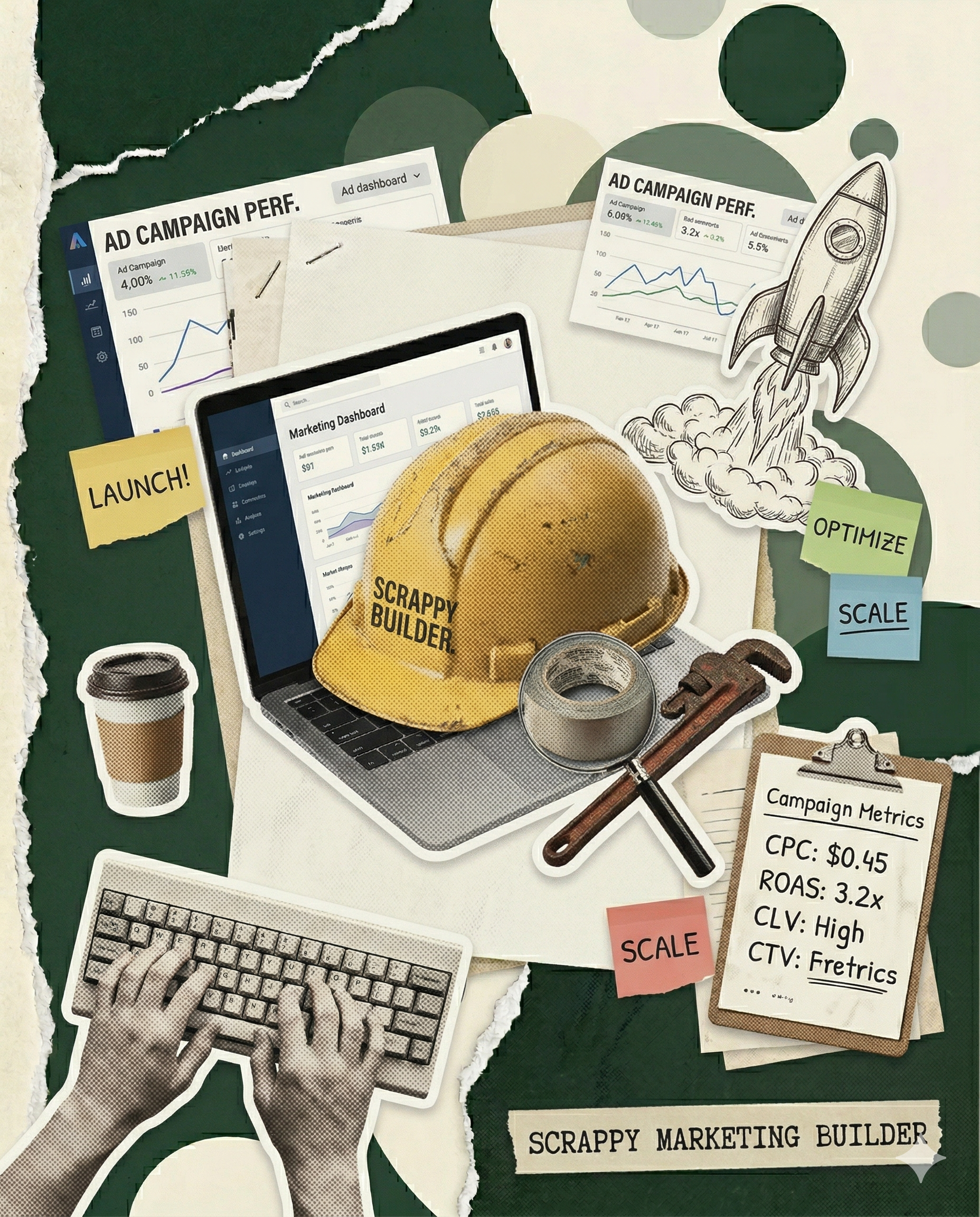 Scrappy marketing builder — hard hat on a laptop showing a marketing dashboard, surrounded by ad campaign metrics, duct tape, a rocket sketch, and sticky notes reading Launch, Optimize, Scale